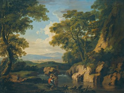 Eine bergige bewaldete Landschaft mit Figuren an einem Fluss im Vordergrund von George the Elder Barret